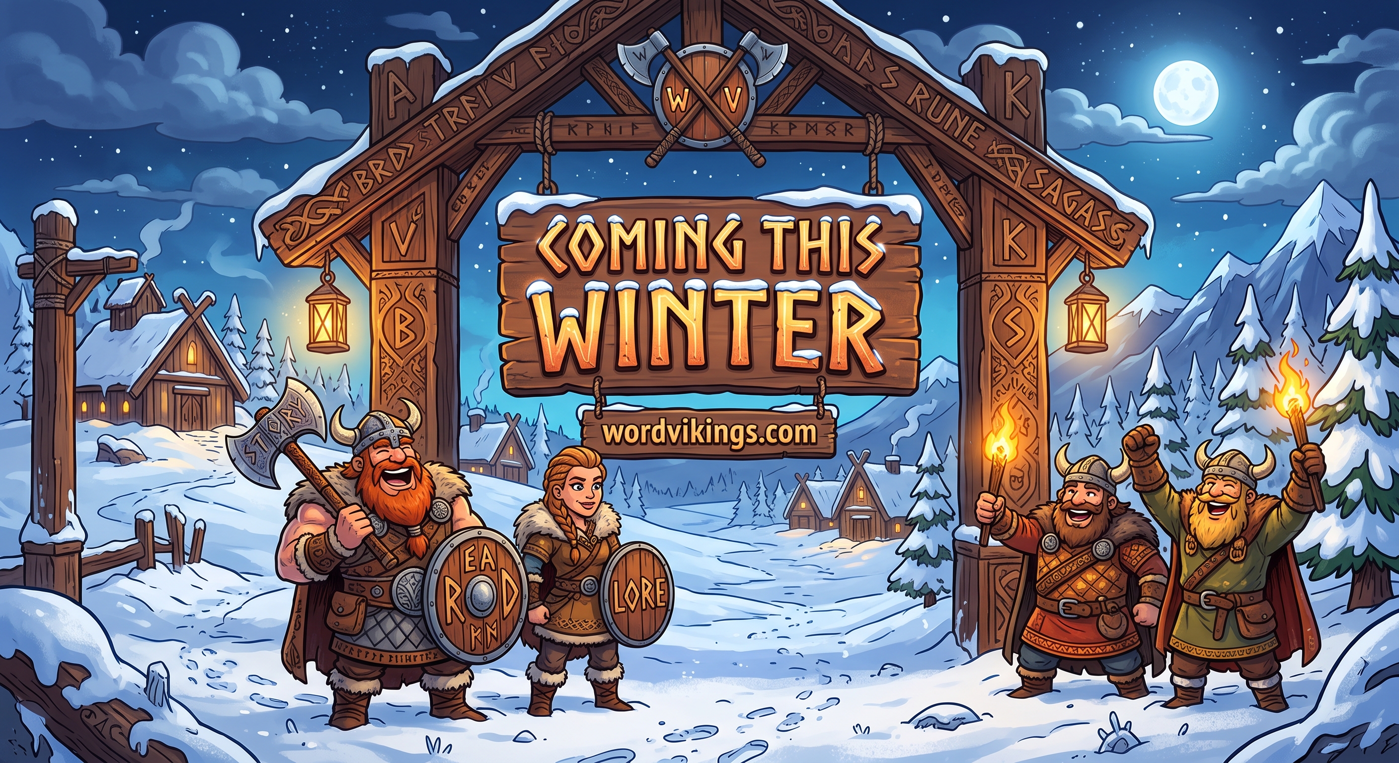 WordViking Artwork - Viking village entrance with male and female warriors preparing for word games